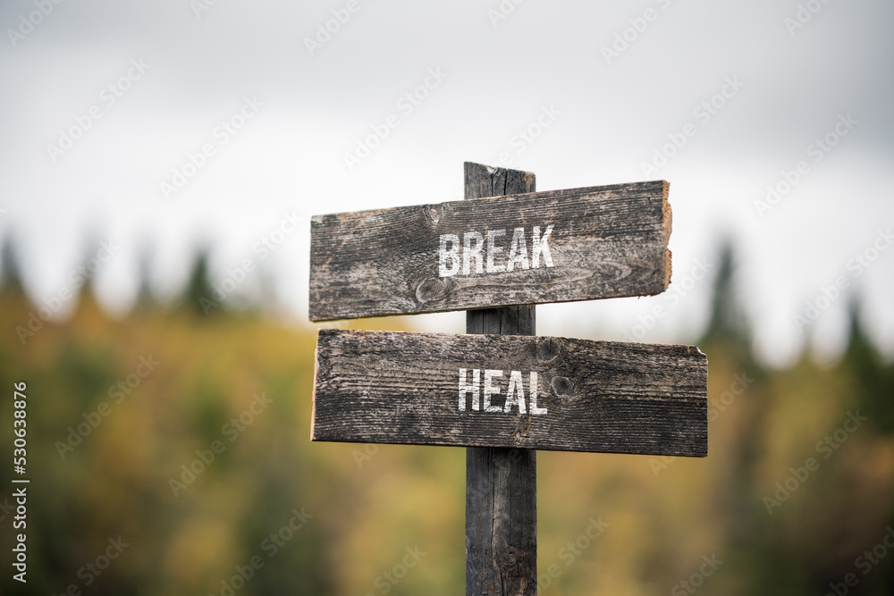 vintage and rustic wooden signpost with the weathered text quote break heal, outdoors in nature. blurred out forest fall colors in the background.