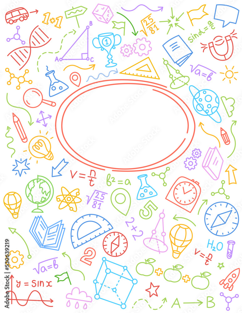 School yearbook cover. Copy space. Sketch doodle background. Hand drawn vector line. Editable stroke size.