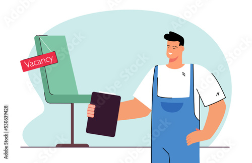 Winking employer standing next to chair with vacancy sign. Man in uniform offering job flat vector illustration. Employment, recruitment concept for banner, website design or landing web page