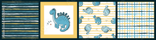 Dinosaurs Vector Set. Poster and 3 Seamless Patterns for kids fashion with Cute Dinosaur. Cartoon Funny Brachiosaurus.