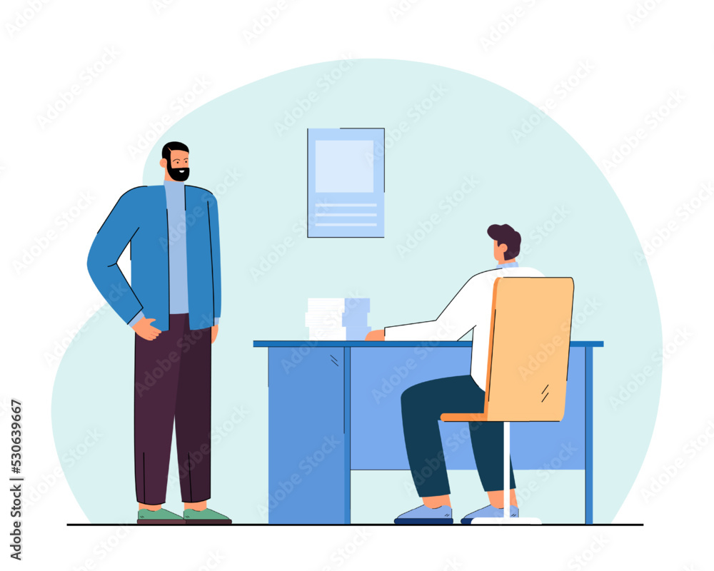 Back view of office worker sitting at table with pile of papers. Boss or employer giving task to employee flat vector illustration. Paperwork, workplace concept for banner or landing web page Back view of office worker sitting at table with pile of papers. Boss or employer giving task to employee flat vector illustration. Paperwork, workplace concept for banner or landing web page