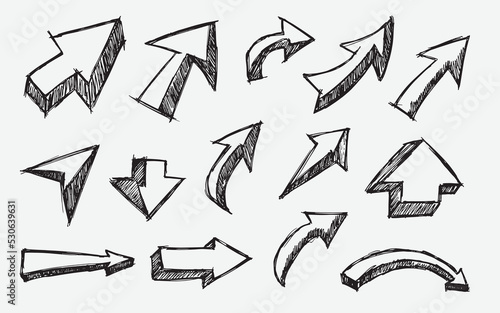 Set of Arrows hand drawn doodle vector set, Scribble Sketch arrow design for application banner, print screen, pen marks, isolated on white background with shadow sketch