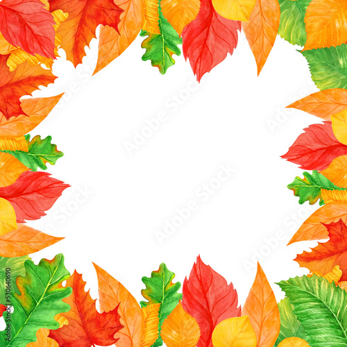 Frame of autumn leaves, watercolor illustration isolated on white background. For Thanksgiving cards or posters, Halloween, harvest.