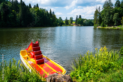 Germany, Pedal boat at ebnisee lake in beautiful swabian forest near kaiserbach and welzheim in summer photo