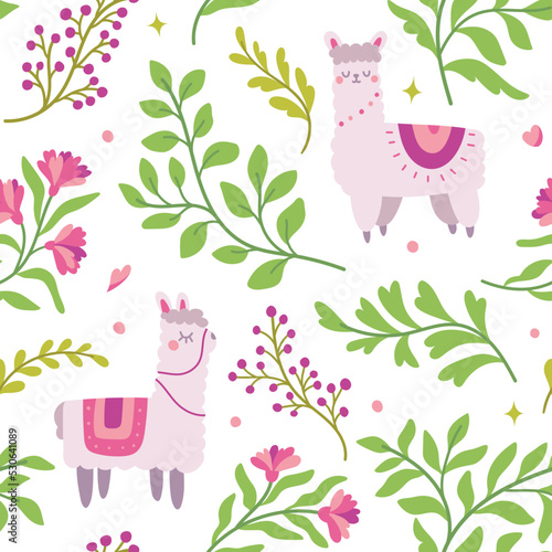 Cute seamless pattern with llama and floral elements. Vector illustration with cartoon drawings for print, fabric, textile.
