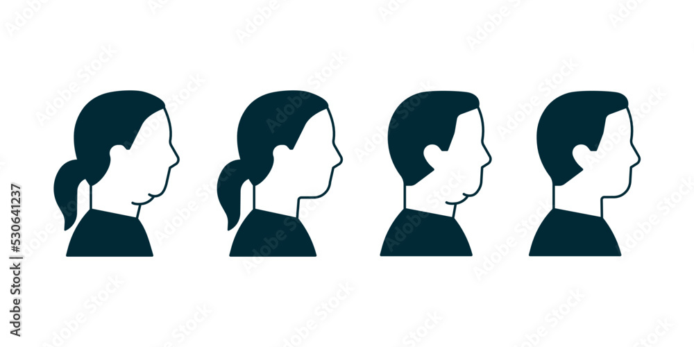 Double chin of man and woman icon, change in facial aesthetics. Fat loss in overweight on face. Profile male and female before and after liposuction, lifting, plastic procedure. Vector symbol Double chin of man and woman icon, change in facial aesthetics. Fat loss in overweight on face. Profile male and female before and after liposuction, lifting, plastic procedure. Vector symbol