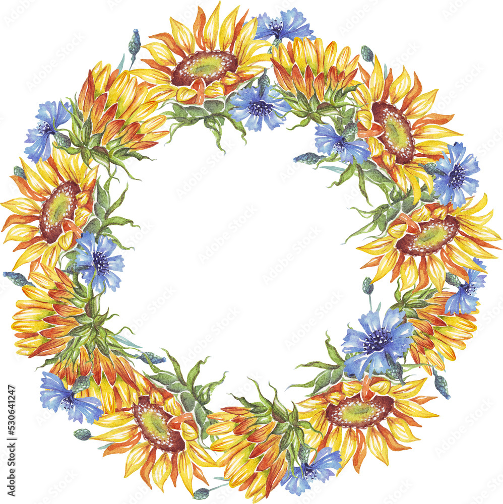 Obraz premium Wreath. Watercolor sunflower and cornflower
