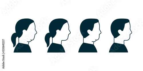 Double chin of man and woman icon, change in facial aesthetics. Fat loss in overweight on face. Profile male and female before and after liposuction, lifting, plastic procedure. Vector symbol