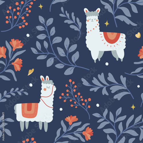 Cute seamless pattern with llama and floral elements. Vector illustration with cartoon drawings for print, fabric, textile.