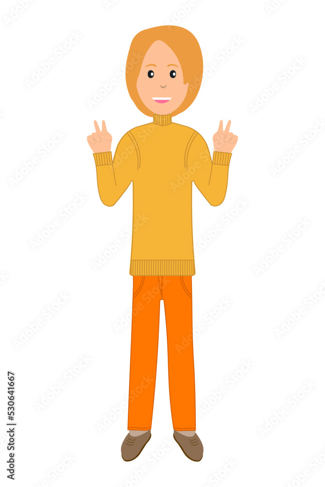 Stylish young girl showing victory gesture, peace sign. Trendy person making victory, winner or two gesture with fingers. A sign of success and peace. Female character design illustration. Stylish young girl showing victory gesture, peace sign. Trendy person making victory, winner or two gesture with fingers. A sign of success and peace. Female character design illustration.