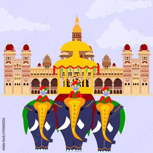 Concept of festival and celebrations, Carrying Golden Howdah or Chinnada Ambari on the leading Elephant during the Jamboo Savari or procession of Mysuru Dussehra at Mysore Palace.
