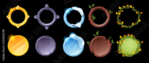 Game frame set, round level up title, UI vector avatar border kit, circle fantasy RPG nature badge. Empty decorative assets, stone ice golden wooden ranking design element. Game frame collection