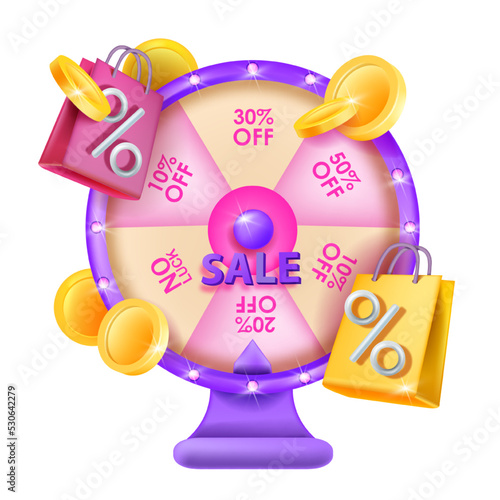 Fortune wheel game, 3D spin vector banner, special gift offer roulette clipart, flying golden coins. Success discount casino game concept business shopping bag, sale promo percent. Fortune wheel prize