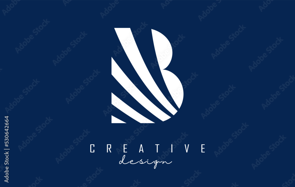 White letter B logo with leading lines design. Letter with geometric and creative cuts concept. White letter B logo with leading lines design. Letter with geometric and creative cuts concept.