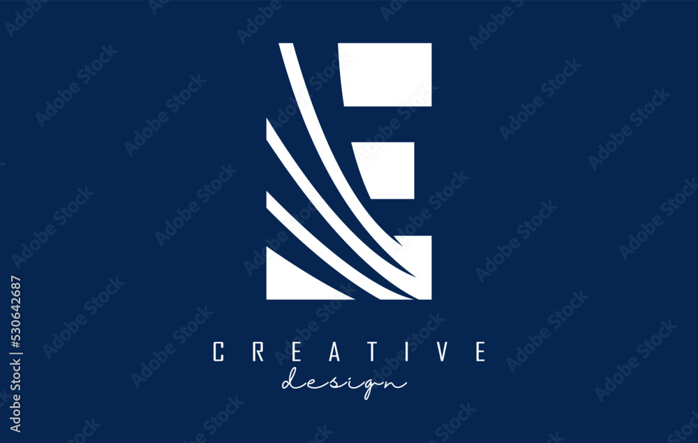 White letter E logo with leading lines and negative space design. Letter with geometric and creative cuts concept.