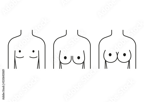 Woman breast lift, increase in size and reshape, line icon. Different shape and size. Breast augmentation. Small, sagging and full breast front view. Vector outline illustration
