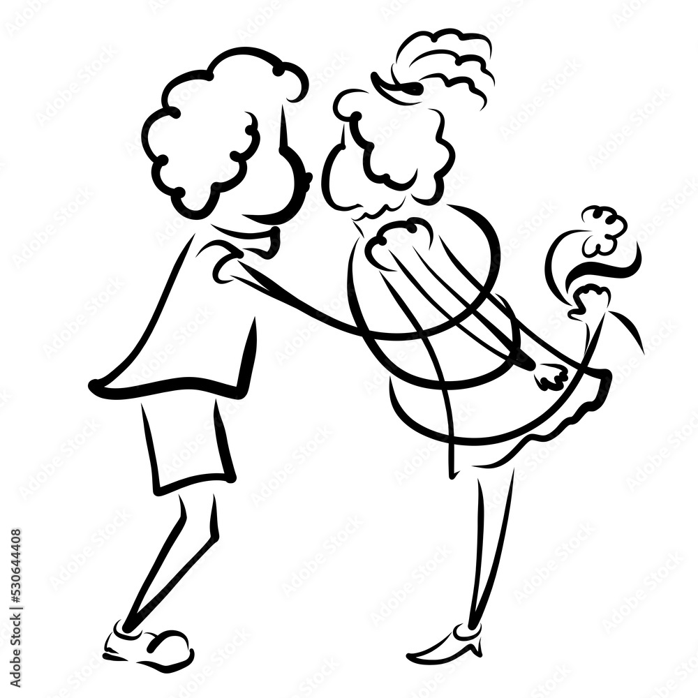 boy hugs a girl with a long arm, wrapping her around her, kisses on the cheek and gives a flower, cute romance and congratulations, black pattern on a white background
