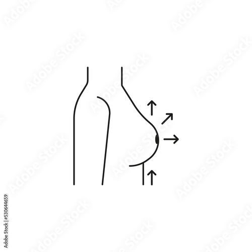 Breast size augmentation of woman, line icon. Full shape and big size. Plastic surgery, lifting of breast side view. Vector illustration