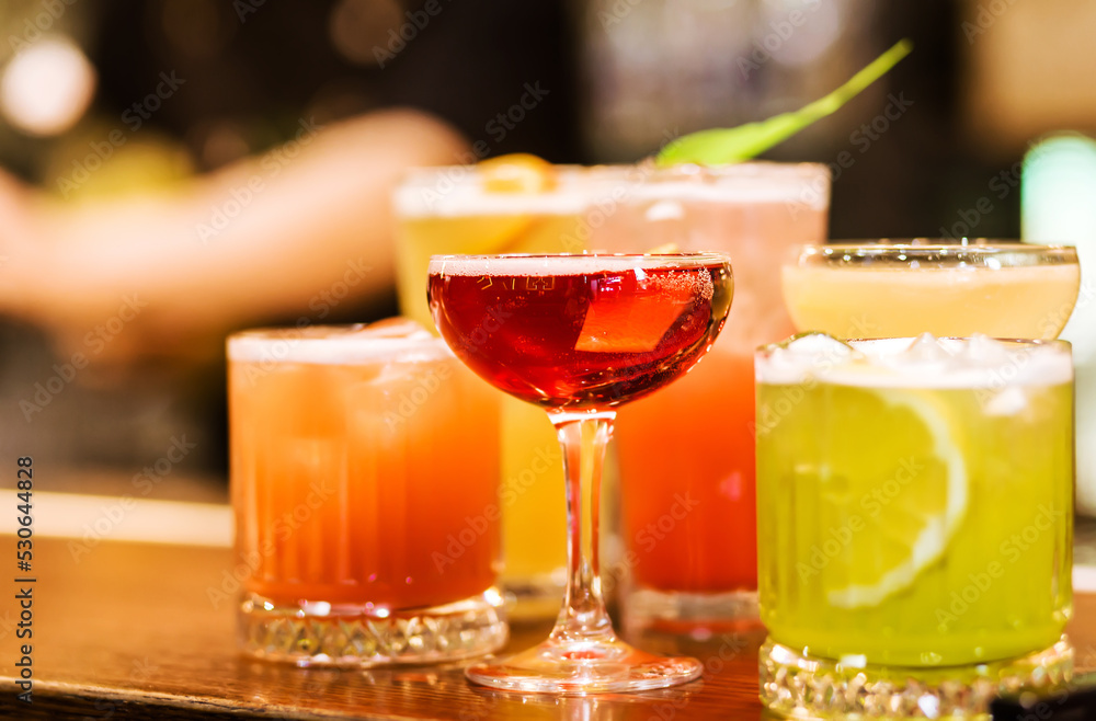 Selection of cocktails on a bar counter