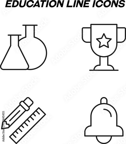 Monochrome isolated symbols drawn with black thin line. Perfect for stores  shops  adverts. Vector icon set with signs of laboratory bulbs  winner cup  liner  pencil  bell