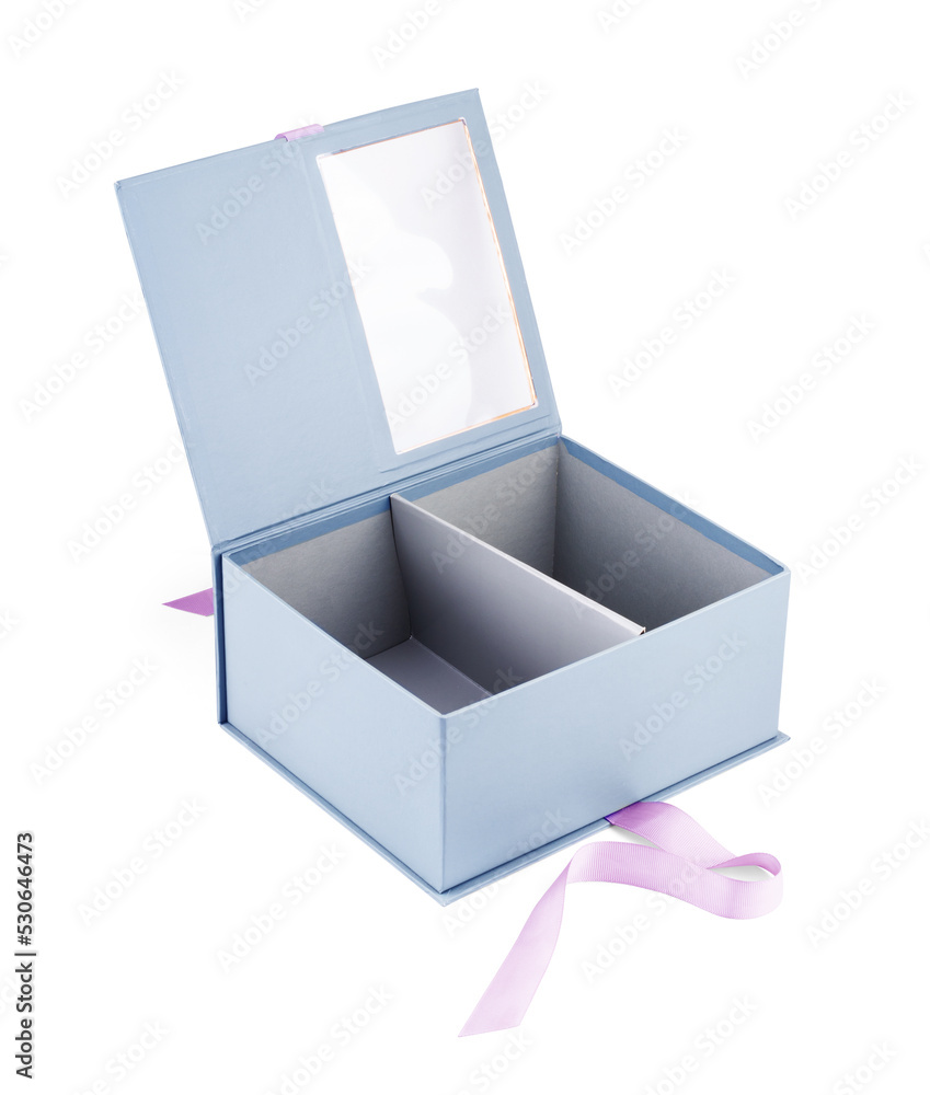 Top view of gift box with violet ribbon on blue background Top view of gift box with violet ribbon on blue background