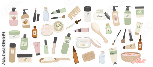 Beauty and spa vector illustration set with natural cosmetic products in bottles, tubes for makeup, skin and hair care on white background. Cream, shampoo, serum, shower gel, lotion, salt, soap