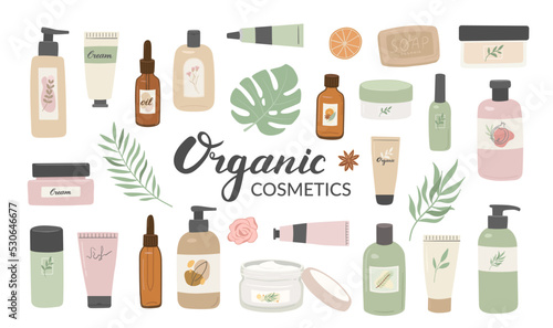 Collection of beauty organic cosmetic products for skin, body and hair care in bottles and tubes vector illustration. Cream, shampoo, serum, shower gel, lotion, oil, soap isolated on white background 