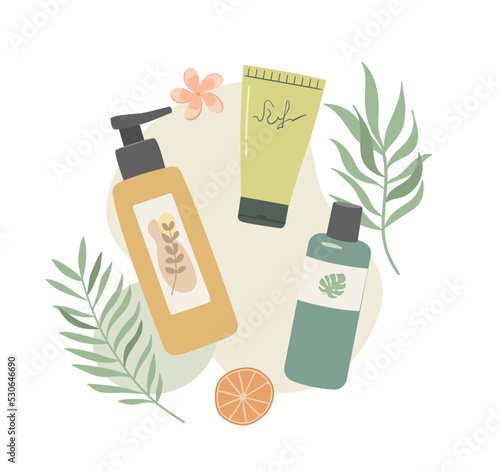 Bottles and tubes natural cosmetic hand drawn vector illustration. Woman stuff, organic face and body care products in flat style. Cream, shampoo, lotion, herbal and leaves.