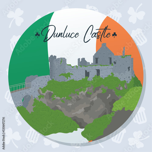 Colored irish sticker with dunluce castle landmark Vector photo