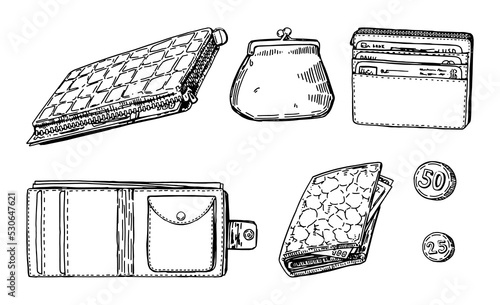 Set of wallets sketches. Hand drawn vector illustrations of purses, pocket holder for money and plastic cards. Outline cliparts isolated on white background.
