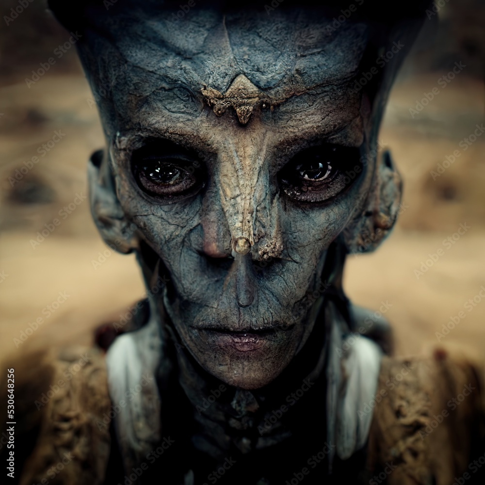 Alien Portrait 3D illustration with dramatic lighting in a front position reflecting the cultural heritage of another world Alien Portrait 3D illustration with dramatic lighting in a front position reflecting the cultural heritage of another world