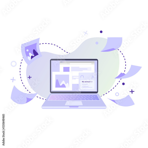 Flat vector illustration of laptop with paper documents and pictures. Office work, planning, time management, schedule and online education concept for banner, website, social media, app and flyer.