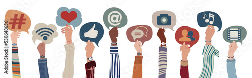 Group hands up of diverse culture of people holding speech bubble with social media signs and symbols. Concept sharing friendship exchange community communication on social media. Isolated
