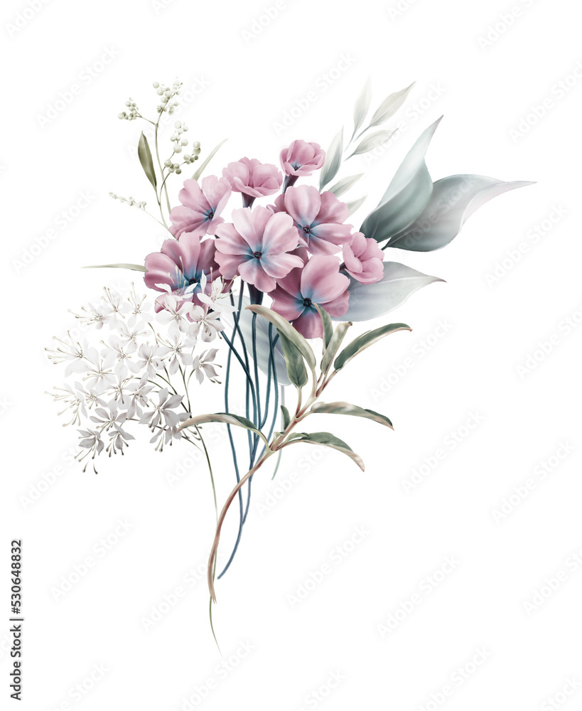 Bouquet of flowers, can be used as greeting card, invitation card for wedding, birthday and other holiday and summer background. Watercolor illustration Bouquet of flowers, can be used as greeting card, invitation card for wedding, birthday and other holiday and summer background. Watercolor illustration