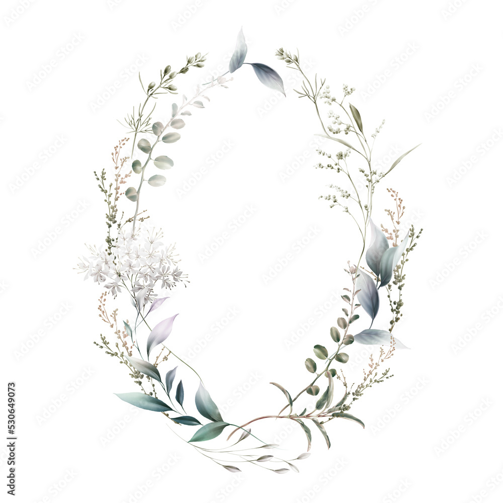 Fototapeta premium Floral wreath, Greeting card with flowers, can be used as invitation card for wedding, birthday and other holiday and summer background.