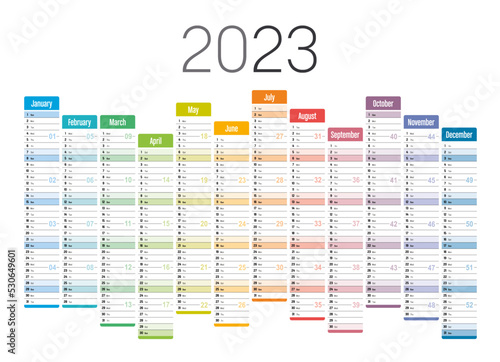 Year 2023 one page wall calendar, multi colored on white background. Vector template.