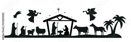 Fotobehang Christmas nativity scene with baby Jesus, Mary and Joseph in the manger