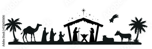 Christmas nativity scene with baby Jesus, Mary and Joseph in the manger.Traditional christian christmas story. Vector illustration for children. eps 10