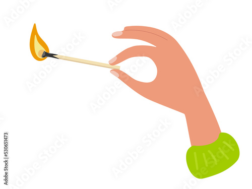 Human hand holding match stick burning with fire flame isolated on white background. Man or woman going is to set something on fire. Wooden match with fire. Flat vector illustration
