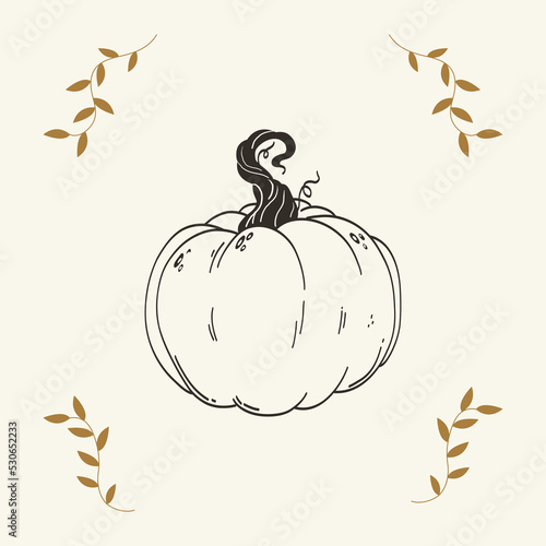 Happy Thanksgiving rustic greeting card with one line art pumpkin icon. Minimalist fall holiday background vector illustration. Continuous line autumn design for invitation, greeting card, banner