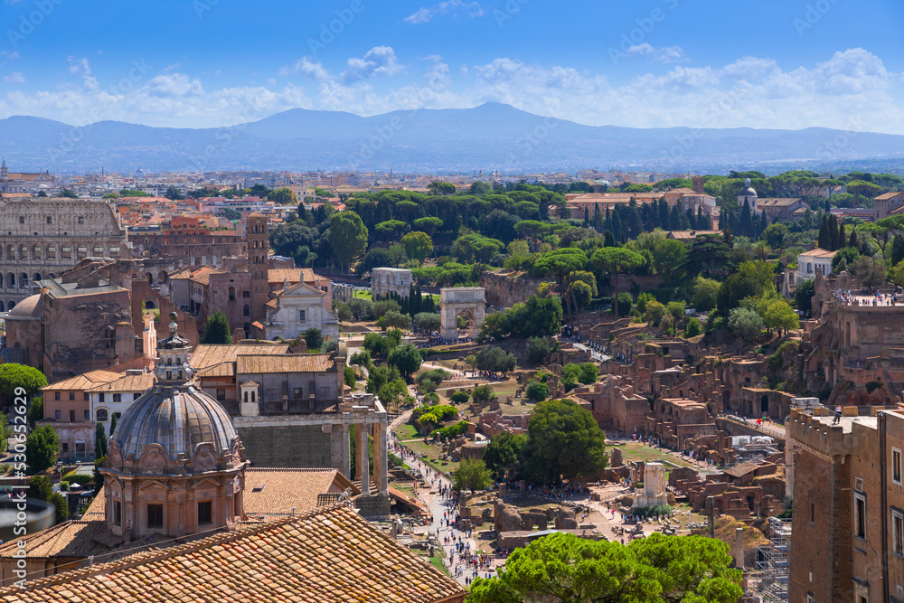 Rome skyline: Colosseum, Imperial Forum and Palatine Hill.