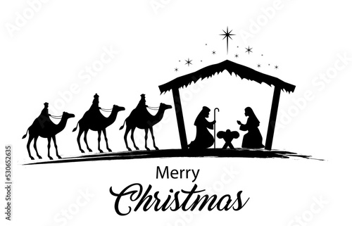 Christmas nativity scene with baby Jesus, Mary and Joseph in the manger.Traditional christian christmas story. Vector illustration for children. eps 10