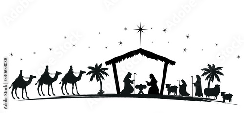 Leinwand Poster Christmas nativity scene with baby Jesus, Mary and Joseph in the manger