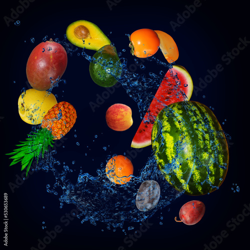 Fototapeta Naklejka Na Ścianę i Meble -  Panorama, wallpaper with fruits in the water - fresh apple, watermelon, plum, persimmon, pineapple, avocado, persimmon are full of vitamins constituting the diet and human health