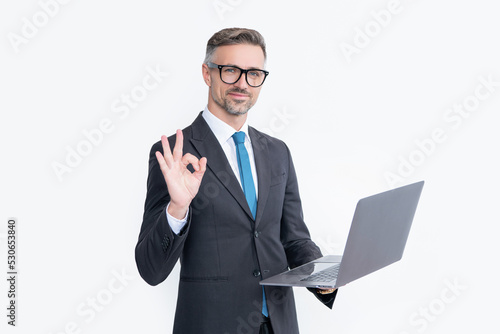 Εκτύπωση καμβά positive mature businessman working on laptop isolated on white background