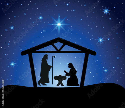 Christmas nativity scene with baby Jesus, Mary and Joseph in the manger.Traditional christian christmas story. Vector illustration for children. eps 10