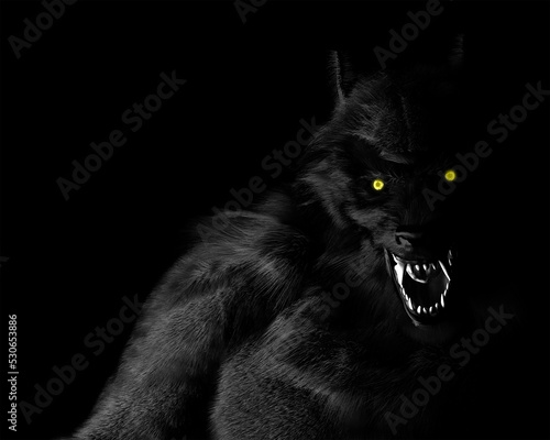 Photography A portrait in black and white of a Werewolf Dogman cryptid with glowing yellow e