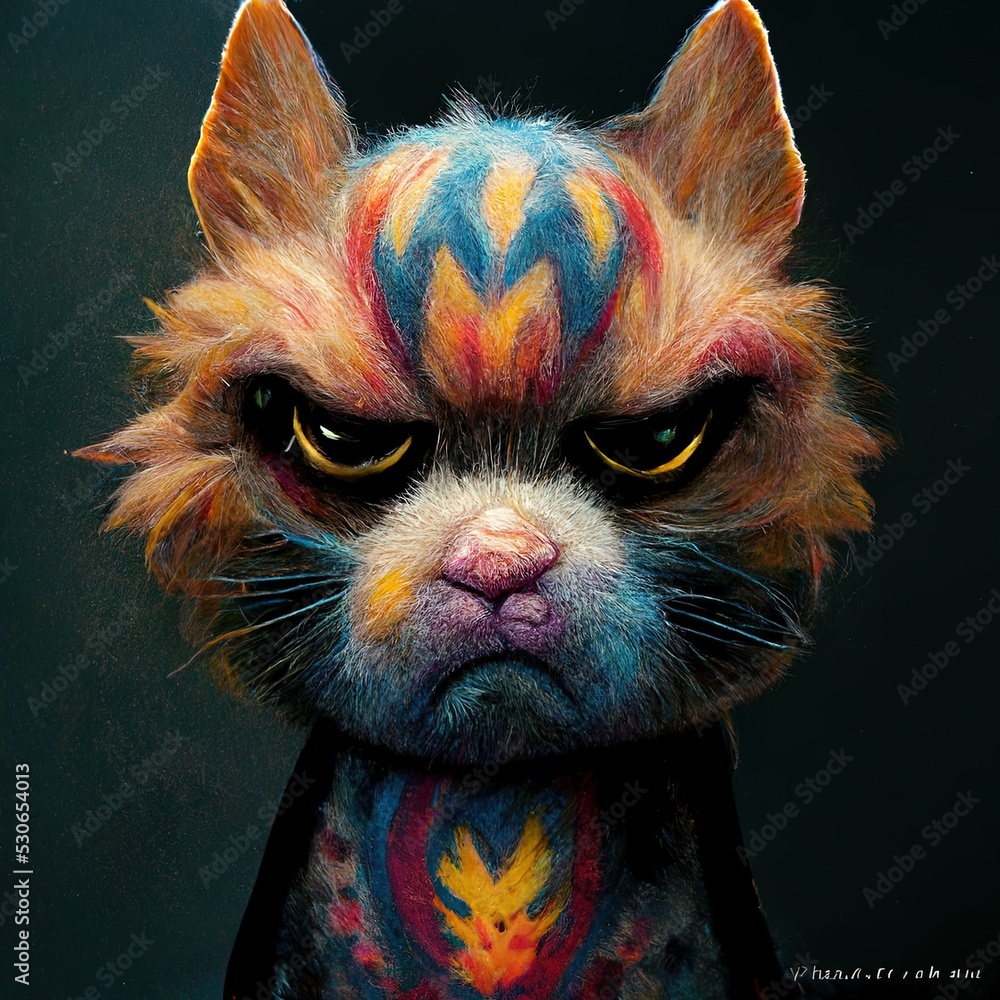 Fototapeta Cartoon  face of a cute funky angry cat 3D illustration for children in a colorful style reflecting happiness  