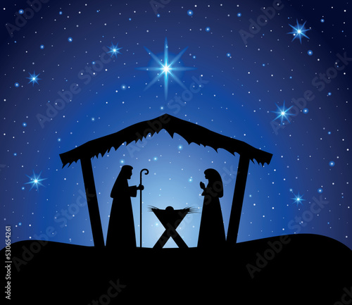 Christmas nativity scene with baby Jesus, Mary and Joseph in the manger.Traditional christian christmas story. Vector illustration for children. eps 10