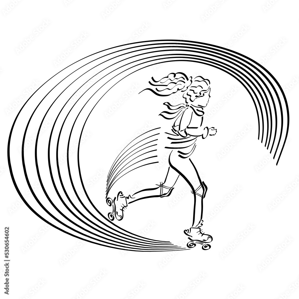 girl quickly skates on roller skates, drawing circles with her movement